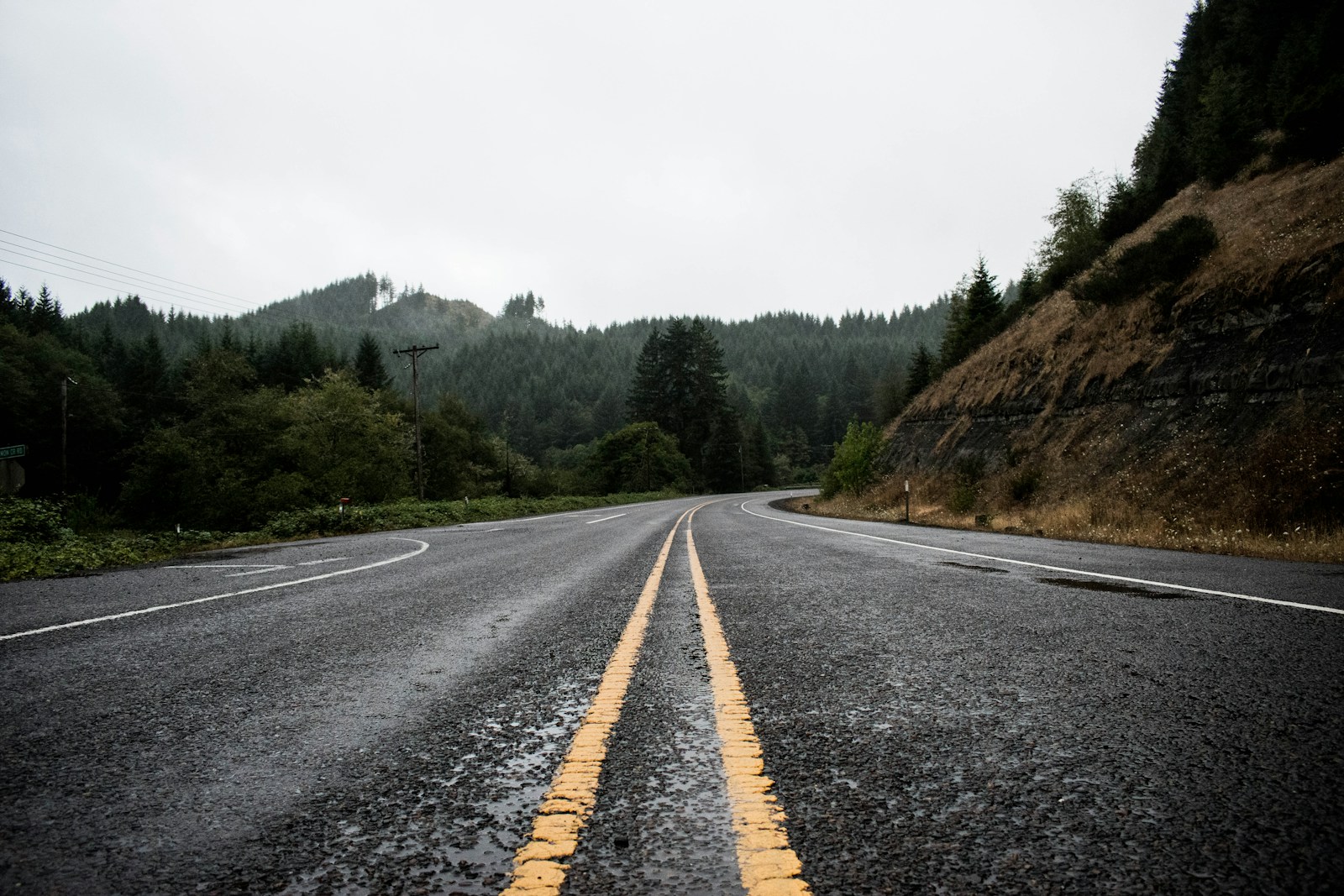 A wet coastal highway with fresh double-yellow centre lines running into the hills (placeholder photo)